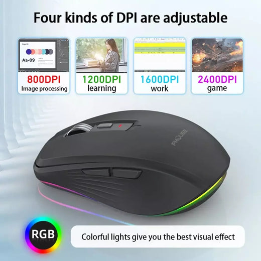 Mouse sem fio de modo duplo USB2.4G + BT5.1 Tipo-C Mouse para jogos recarregável Design ergonômico 2400 DPI com mouse de luz RGB