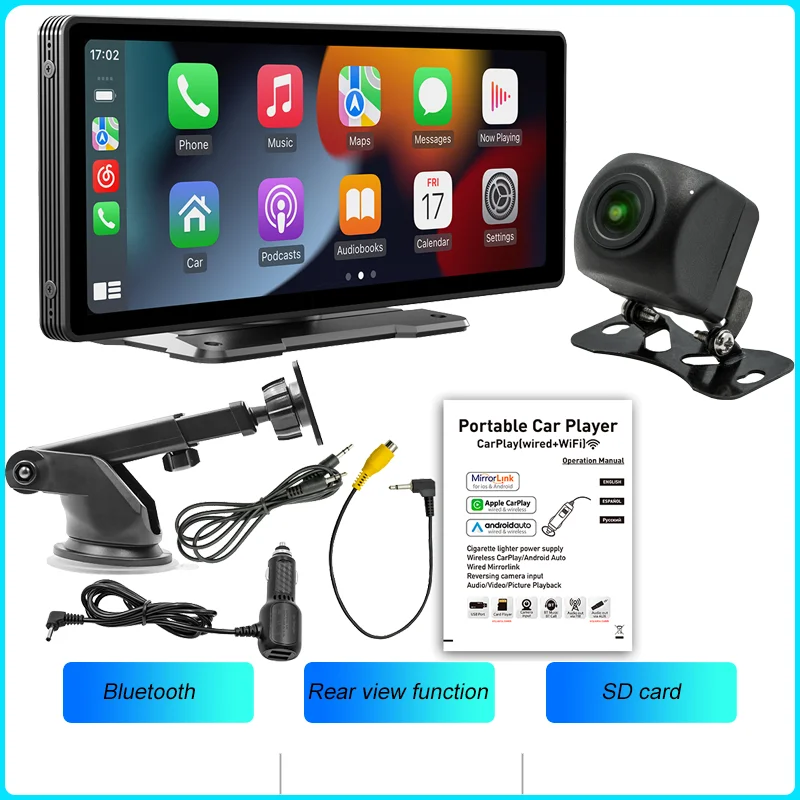 Bqcc 10.26 Polegada portátil sem fio carplay tela hd câmera de ré traseira rádio do carro dvr mp5 multimídia player vídeo android auto