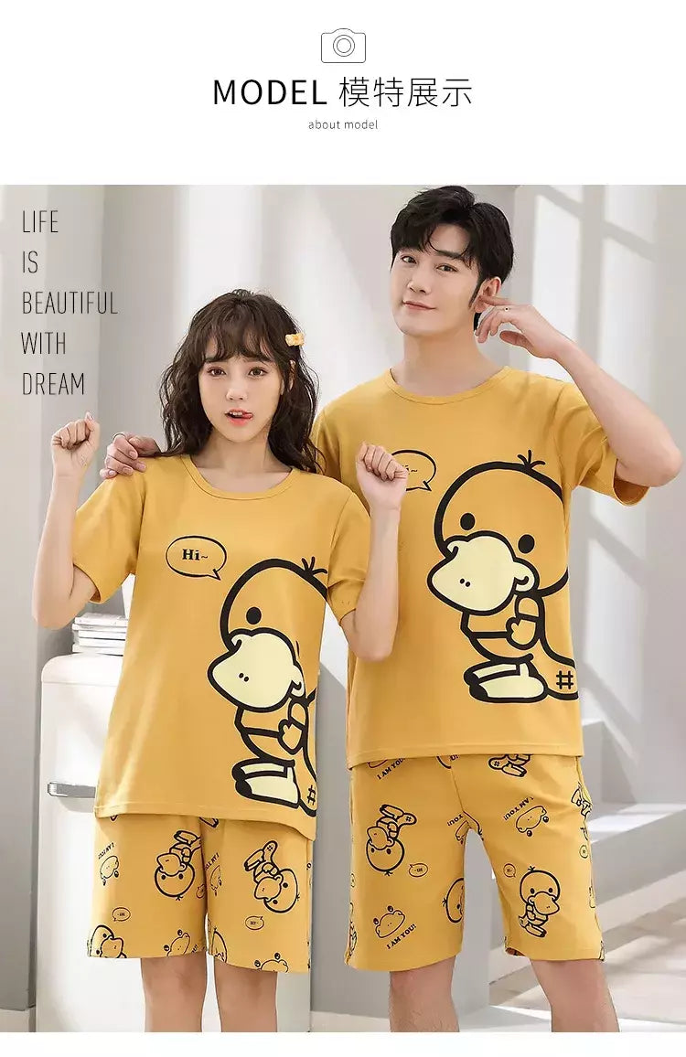 Desenhos animados pato impressão pijama conjuntos para jovens amantes, pijamas de algodão, ternos curtos para casais, moda homewear, verão, 4XL