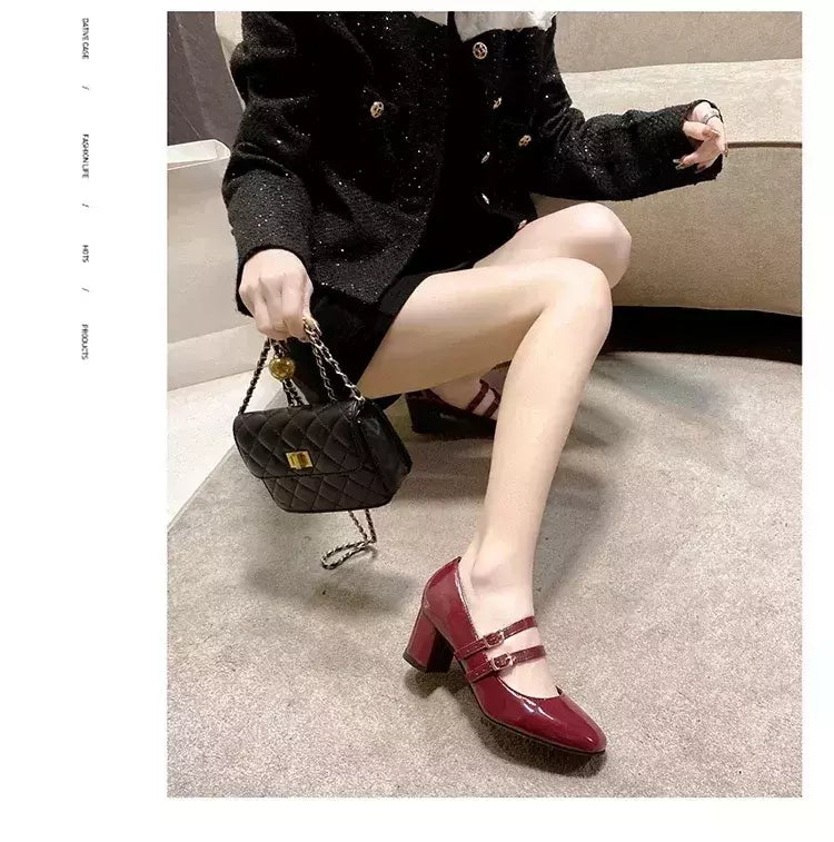 Sapatos Mary Janes de fivela dupla feminina, couro envernizado, cabeça quadrada, salto quadrado, cor sólida, primavera, outono, 2022