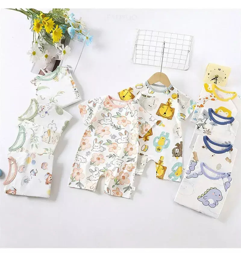 Bonito dos desenhos animados do bebê macacão verão de manga curta algodão fino recém-nascido roupas infantis bodysuit meninos meninas rastejando roupas macacão