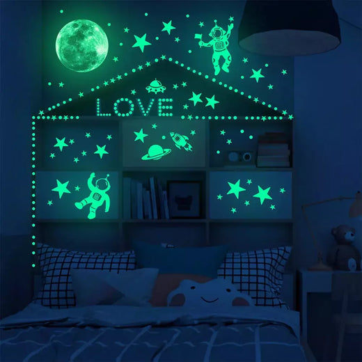 Adesivo de parede luminoso astronauta para decoração de casa, papel de parede estrela e lua, brilho no escuro, decalques autoadesivos, quarto e quarto infantil