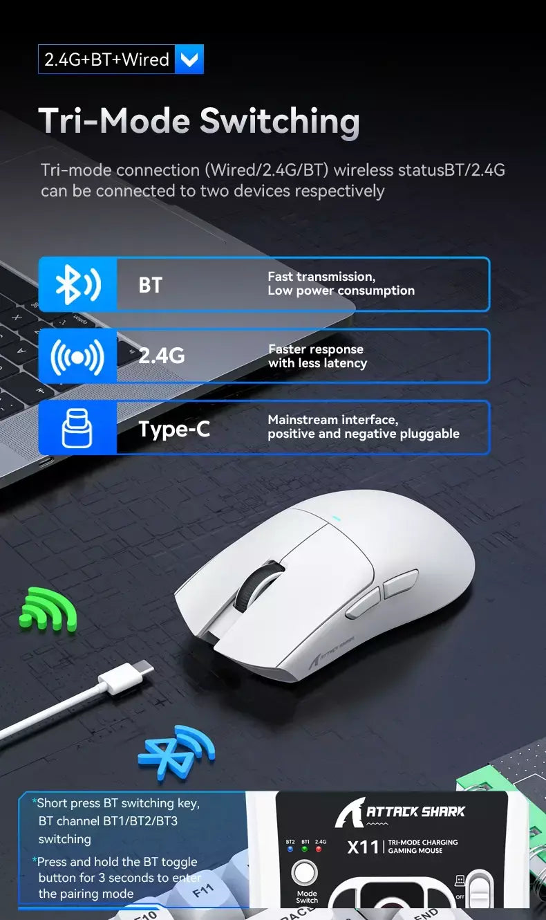 Mouse para jogos sem fio tri-mode Attack Shark X11 26K DPI PAW3311 Sensor, 2.4G/Bluetooth/com fio tri-modo, 400 IPS