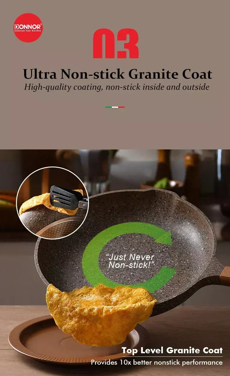 Donnor frigideira de granito 20/24/28cm, frigideira de pedra médica, frigideira de omelete saudável, não tóxica com alça resistente ao calor