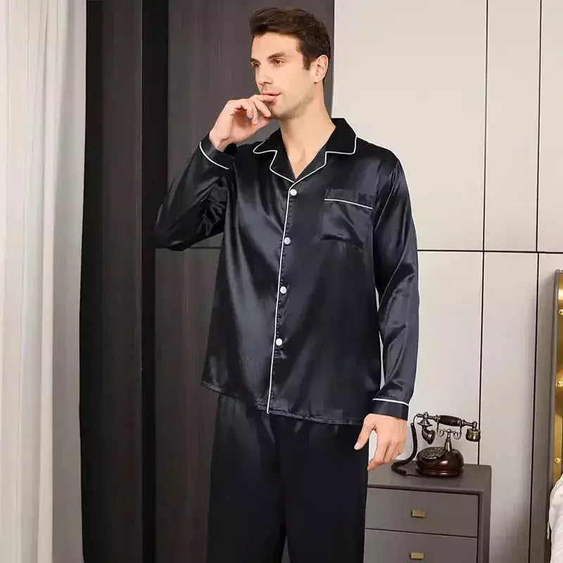 Conjunto de pijama com cardigã de manga comprida masculino, monocromático, lapela, casual, roupa de casa simples, pijamas, plus size, juventude, outono, inverno, 2 peças, conjunto