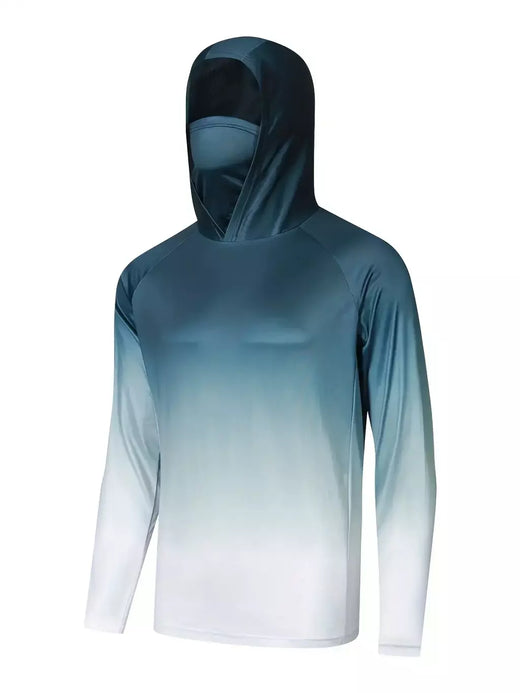 Camisa de pesca com capuz respirável masculina, top absorvente de umidade com polaina de pescoço UV e máscara facial integrada para atividades ao ar livre