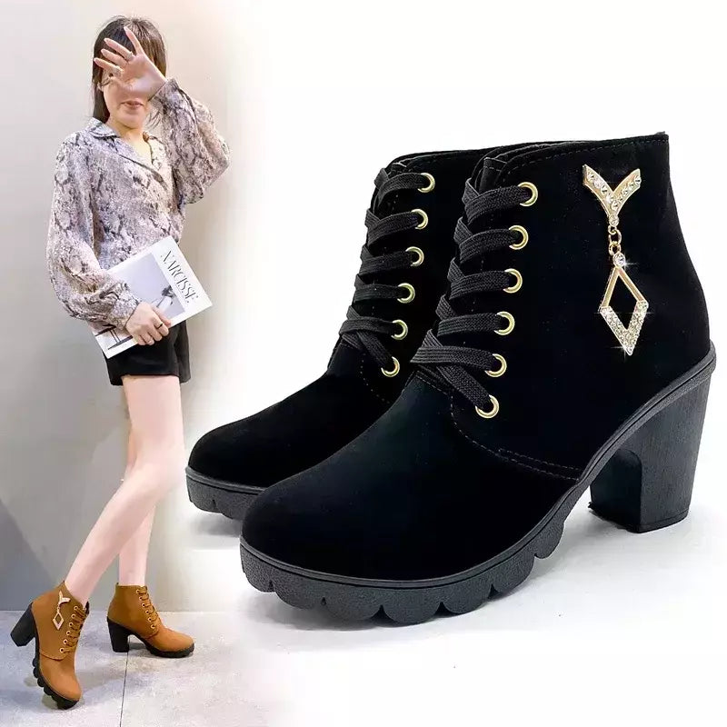 Comemore-Bota casual com cordões para mulheres, salto alto, bombas, plataforma, sapatos femininos, moda, primavera, novo, 42, 2022