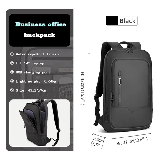 Mochila HK Slim para Homens, Sacos de Laptop, Impermeável, Minimalista, Negócios, Carregamento USB, Casual, Viagem, Trabalho, 15,6";;VERDADEIRO;;"8228-Black