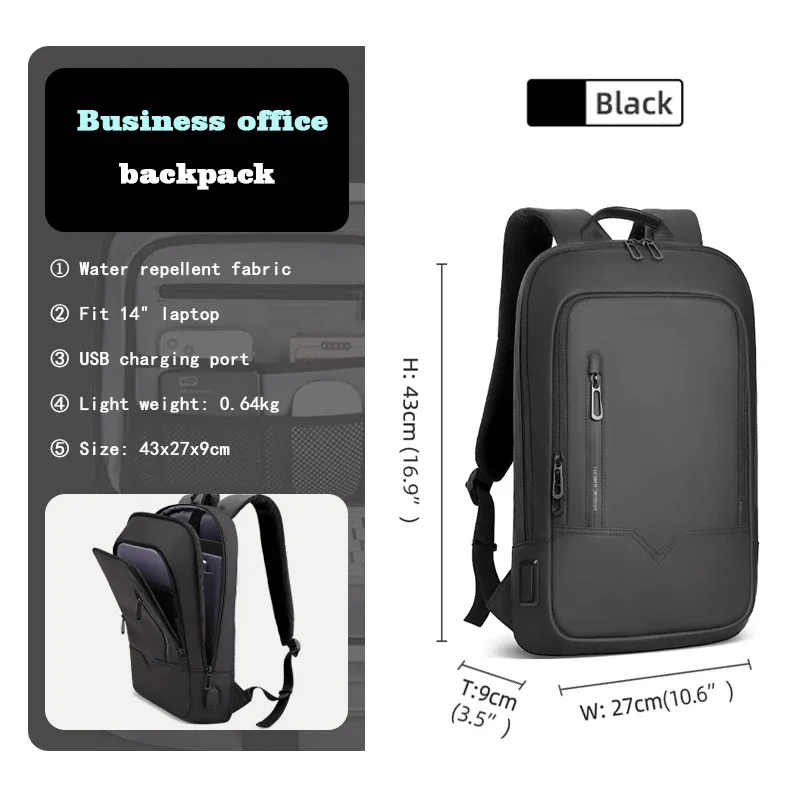Mochila HK Slim para Homens, Sacos de Laptop, Impermeável, Minimalista, Negócios, Carregamento USB, Casual, Viagem, Trabalho, 15,6";;VERDADEIRO;;"8228-Black