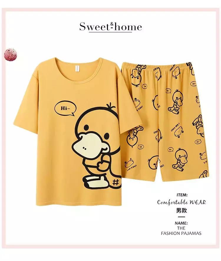 Desenhos animados pato impressão pijama conjuntos para jovens amantes, pijamas de algodão, ternos curtos para casais, moda homewear, verão, 4XL