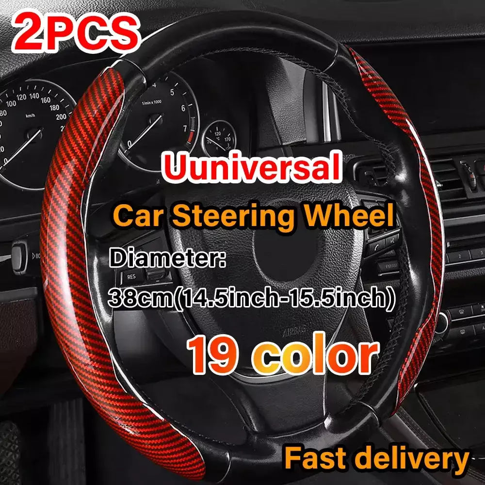 2 pçs laser de fibra de carbono silicone capa de volante do carro 1k micro fibra couro pvc roda impulsionador capa antiderrapante universal