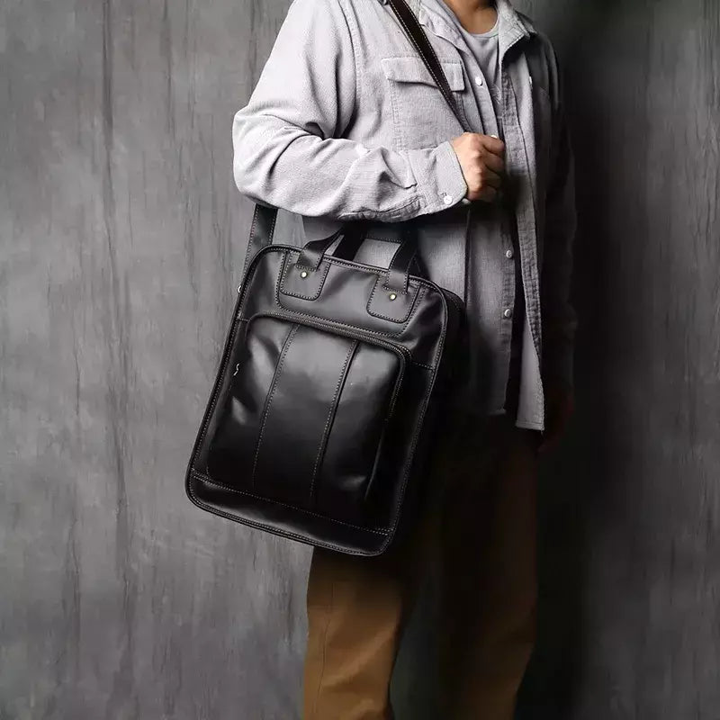 Maleta de couro retrô para homens, couro natural, bolsa vertical, bolsa de ombro casual, mochila masculina, adequada para laptop de 15 ", NZPJ