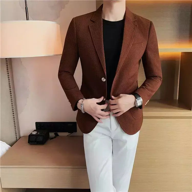 Ternos e blazers brancos masculinos, roupas estilo coreano, casacos com seios simples, jaquetas, jaqueta de waffle masculina, roupas