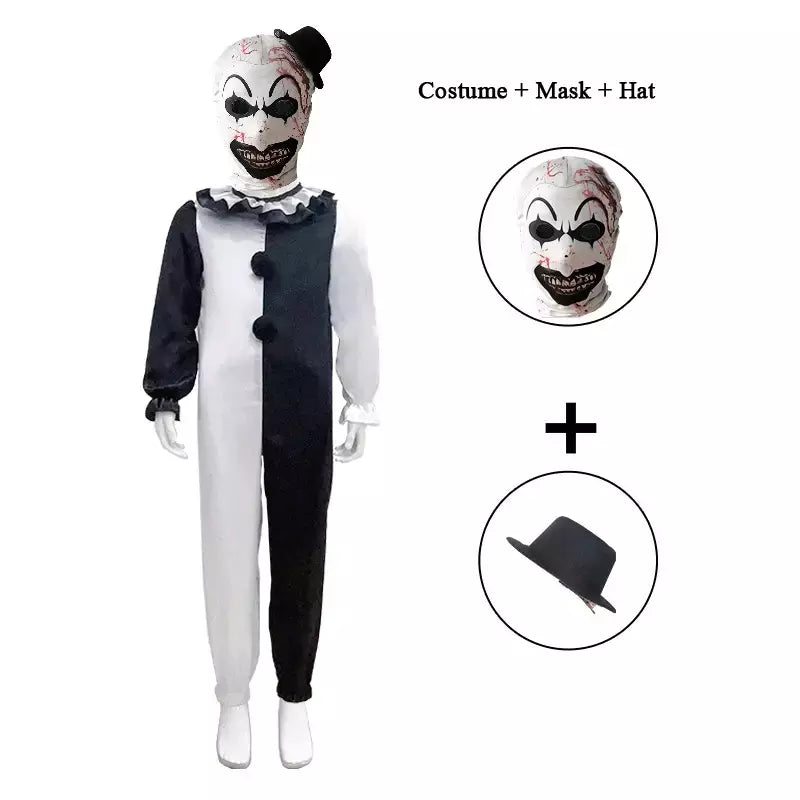Crianças meninos meninas terrifier 3 cosplay coringa traje com máscara chapéu macacão halloween palhaço vestido criança bodysuit roupas de carnaval