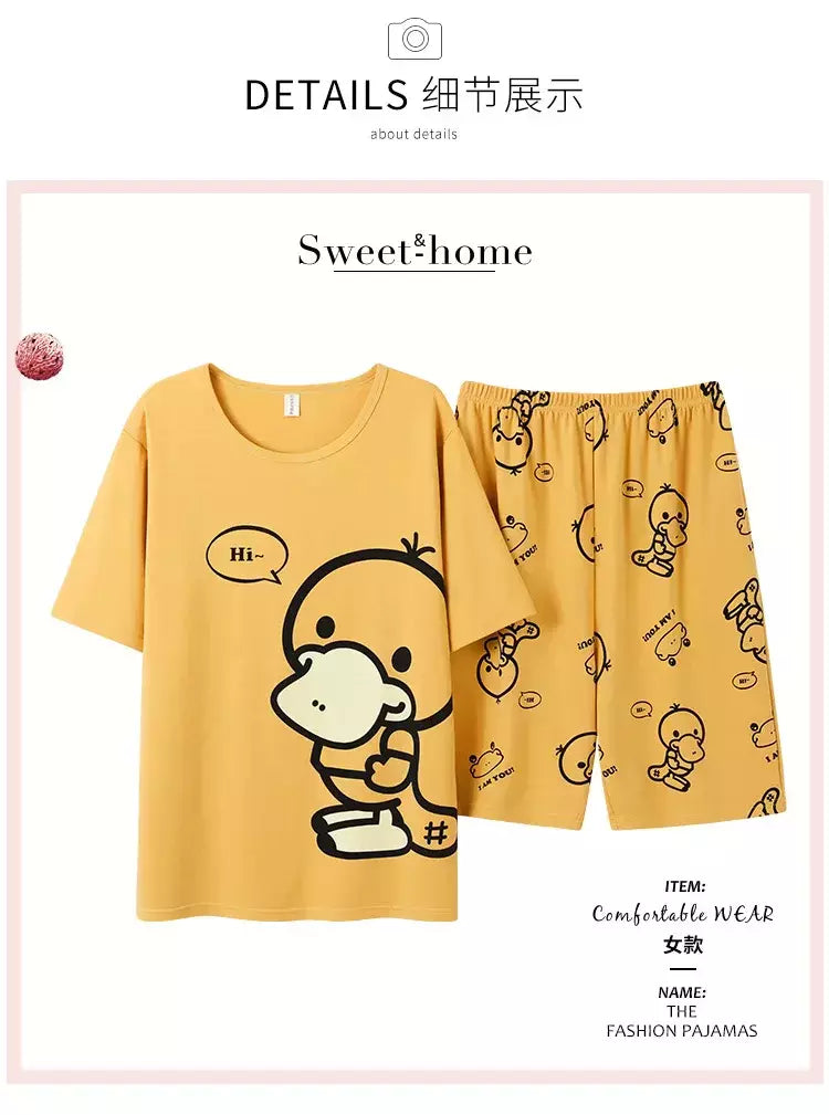 Desenhos animados pato impressão pijama conjuntos para jovens amantes, pijamas de algodão, ternos curtos para casais, moda homewear, verão, 4XL