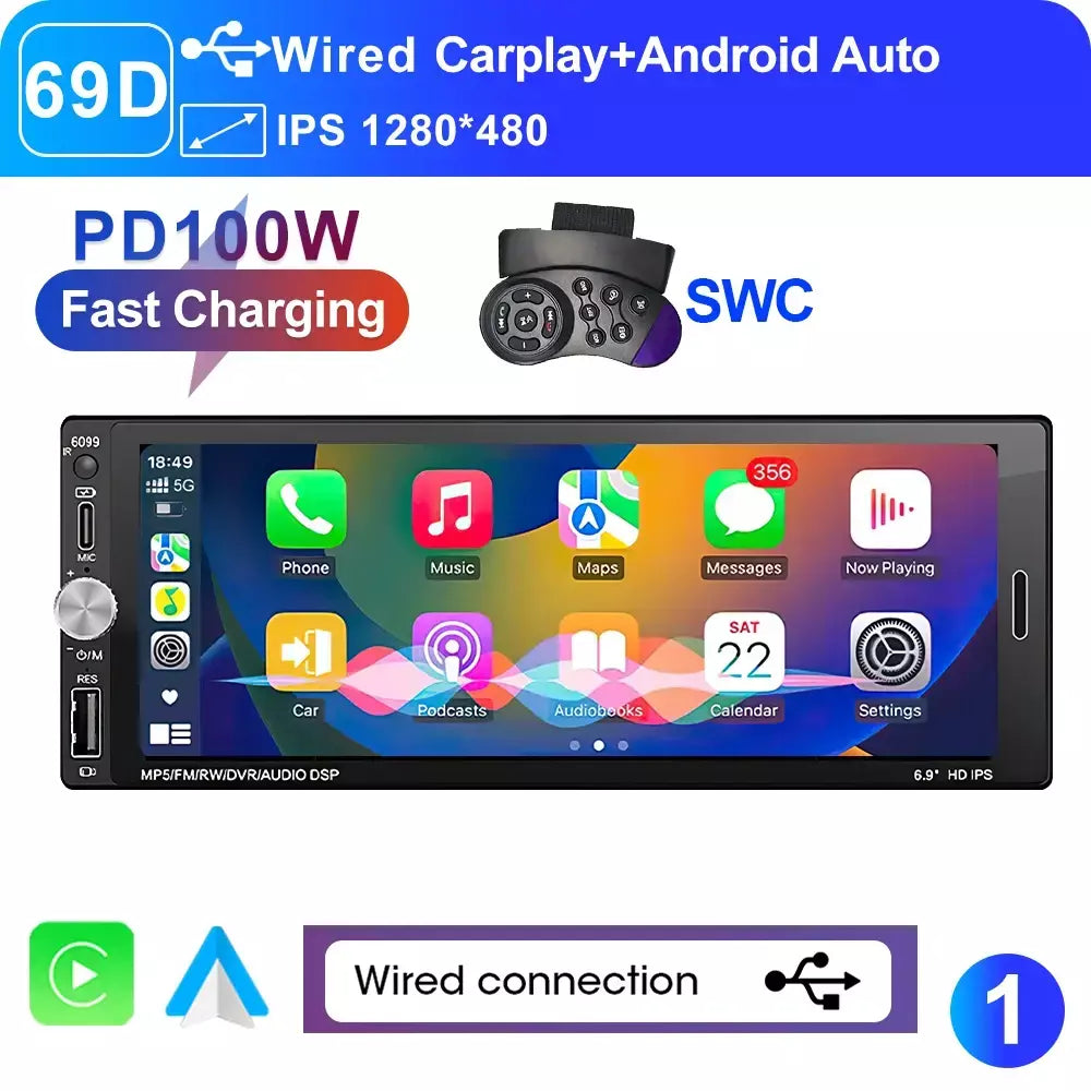 Lehx 6.9 Polegada 1din universal mp5 rádio do carro suporte sem fio carplay android auto aux ips tela de toque reprodutor vídeo multimídia