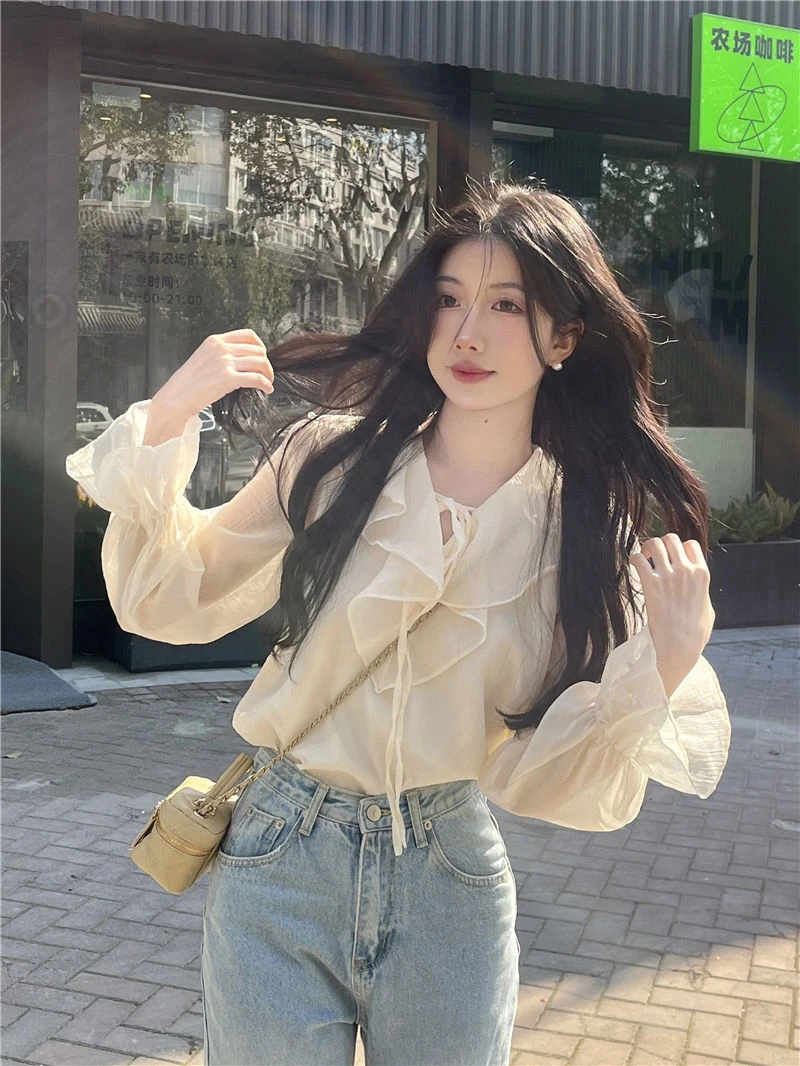 GIDYQ-Blusa coreana de meia gola aberta para mulheres, camisa de escritório para senhoras, pulôver solto, doce, todos os jogos, tops femininos chiques, sólidos, verão, novos