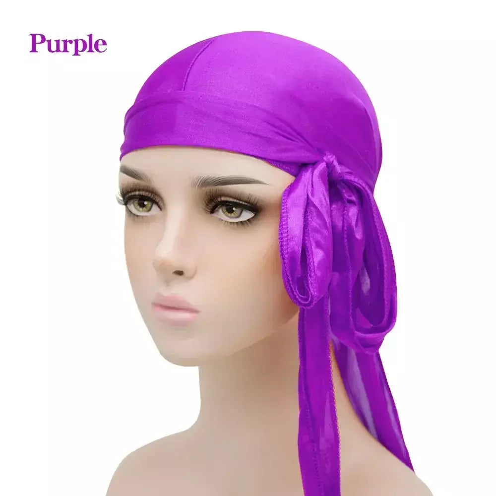Elasticidade baotou boné faixas de cabelo simulação sedosa durag cauda longa chapéu pirata bandana turbante para crianças criança fita acessórios