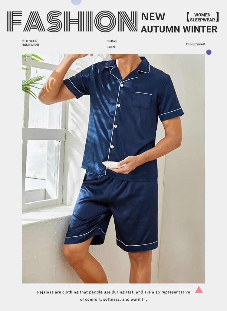 Pijama de cardigã de seda gelada masculino de manga curta, cardigã simples, roupa doméstica pura colorida, tamanho grande, pijamas de duas peças, senior sense