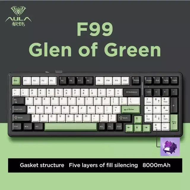Aula f99 teclado mecânico para jogos, três modos, 2.4g, sem fio, bluetooth, com fio, troca quente, junta pbt, rgb para jogos, digitação, 99 teclas
