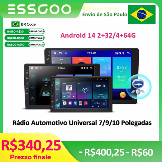 Essgoo rádio do carro android 14 carplay vídeo multimídia automático 7/9/10 ''estéreo universal para volkswagen nissan hyundai kia toyota