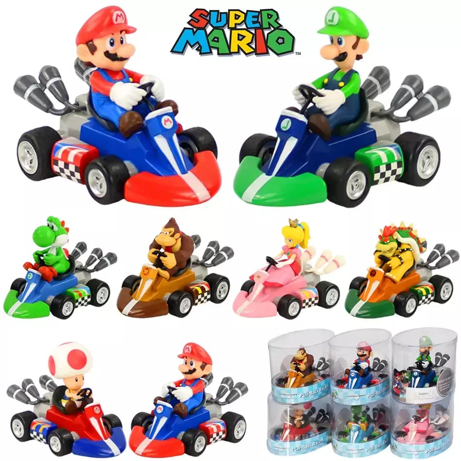 Super mario puxar para trás carro verde yoshi burro kong bowser luigi sapo princesa pêssego figura de ação juguetes anime jogo boneca