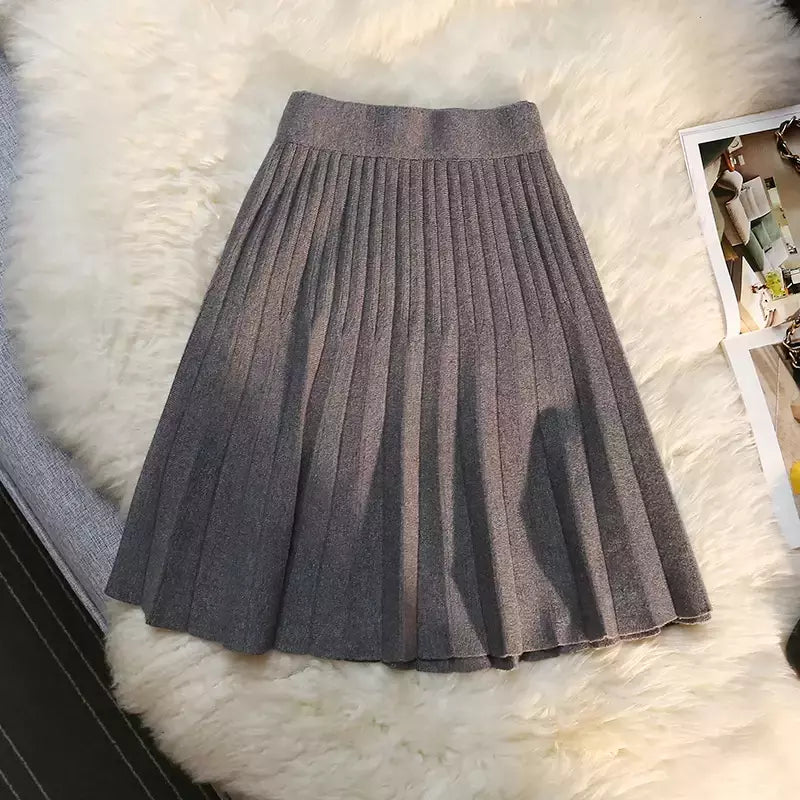 Míni saia plissada de malha feminina, cintura alta elástica, saia guarda-chuva linha A, casual sexy, curta, outono, inverno