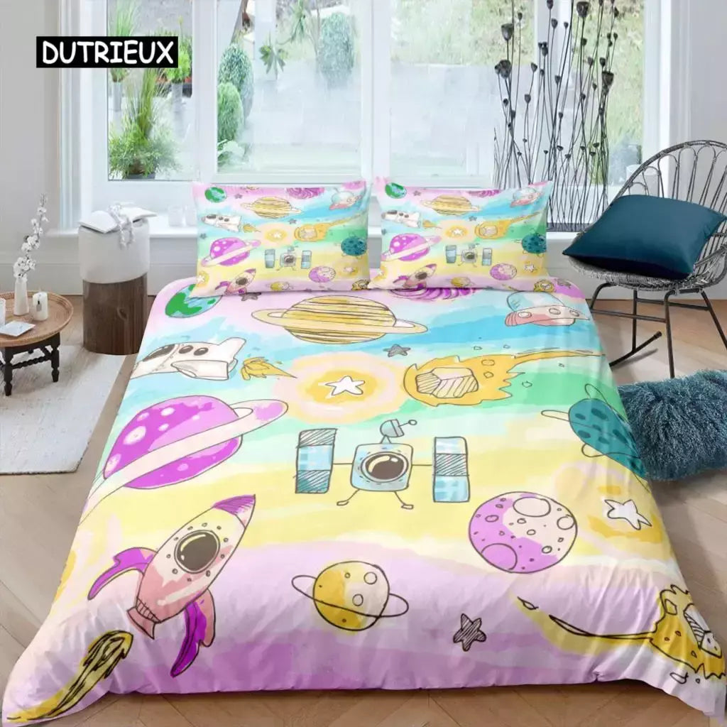 Conjunto de cama para meninos da aviação dos desenhos animados, astronauta Duvet Cover, Blue Sky Dream Quilt Cover, gêmeo, único, tamanhos duplos, fronha