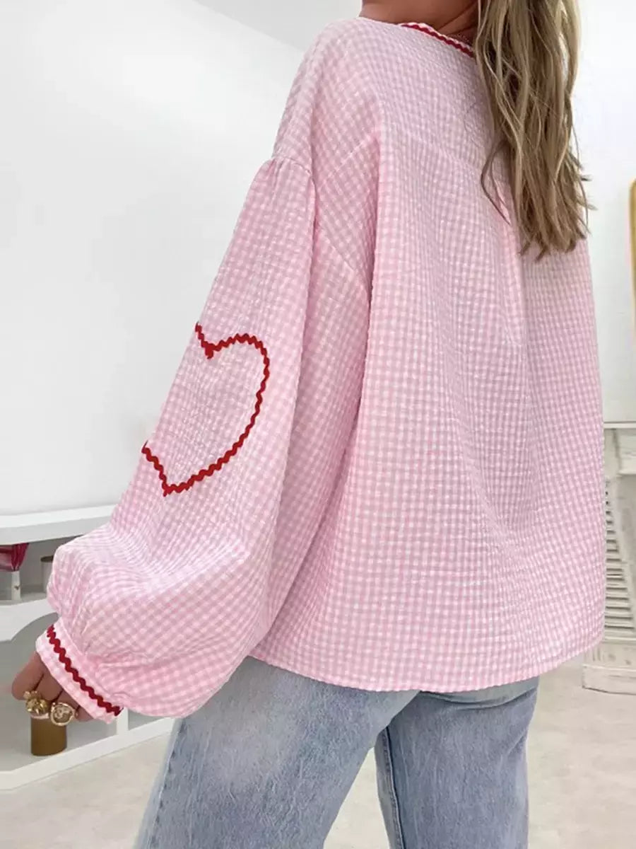 Camisas femininas com gola V, bordado de coração, xadrez, nó frontal, blusa de gravata, primavera, verão, tops casuais, moda, Y2K