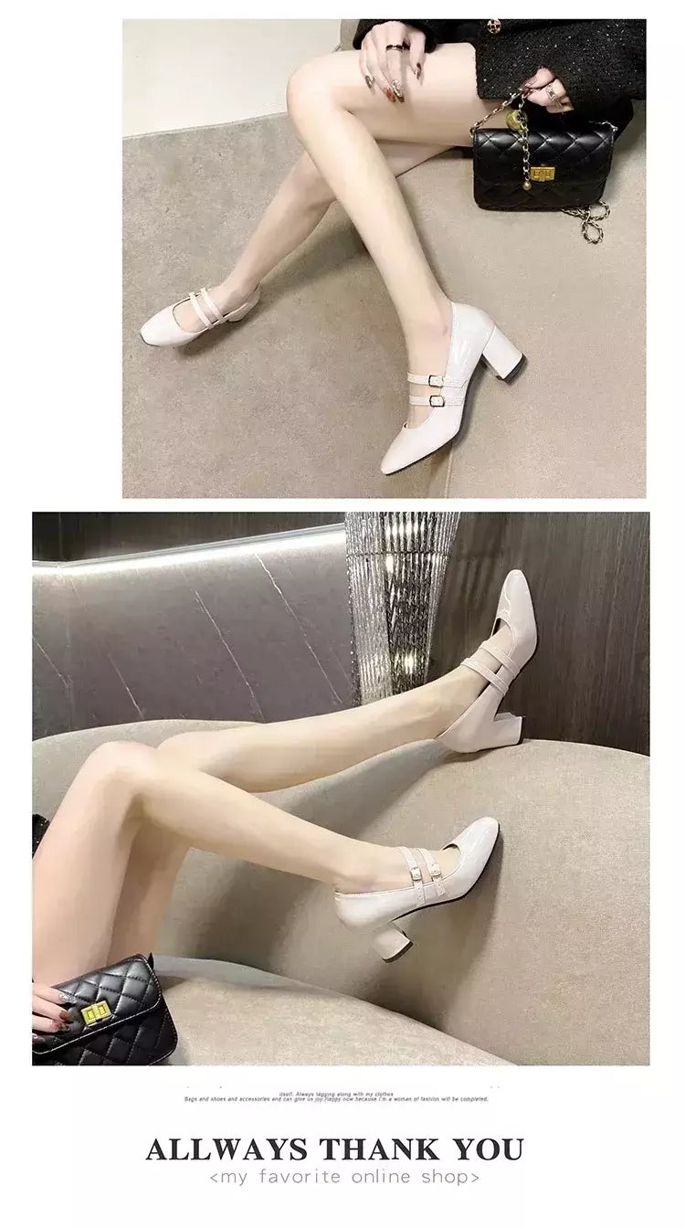 Sapatos Mary Janes de fivela dupla feminina, couro envernizado, cabeça quadrada, salto quadrado, cor sólida, primavera, outono, 2022