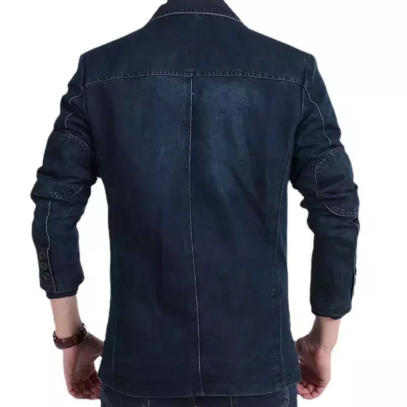 Blazers jaqueta masculina casual denim fino bolso splicing casaco masculino manga comprida único breasted turn-down collar blazers jaqueta