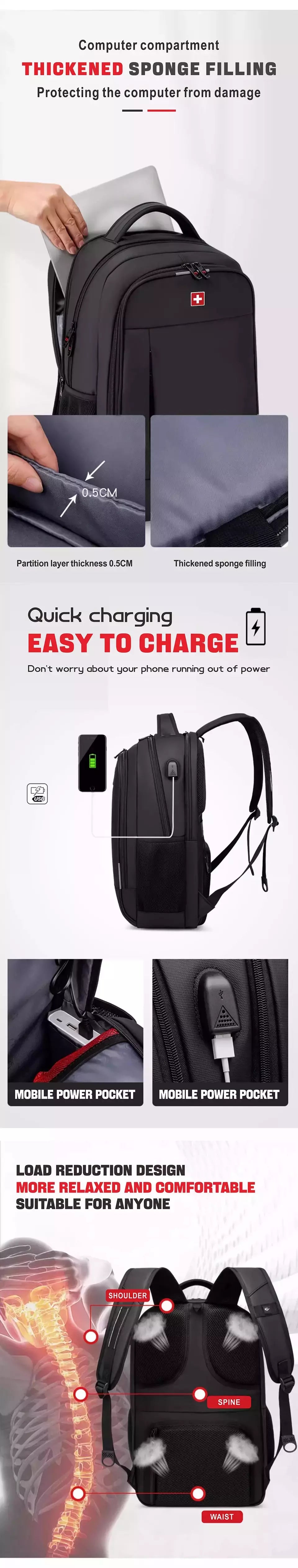 SWISS MILITARY-Mochila impermeável para laptop USB de grande capacidade 17 "para homens, mochila de negócios de moda para escola, mochila