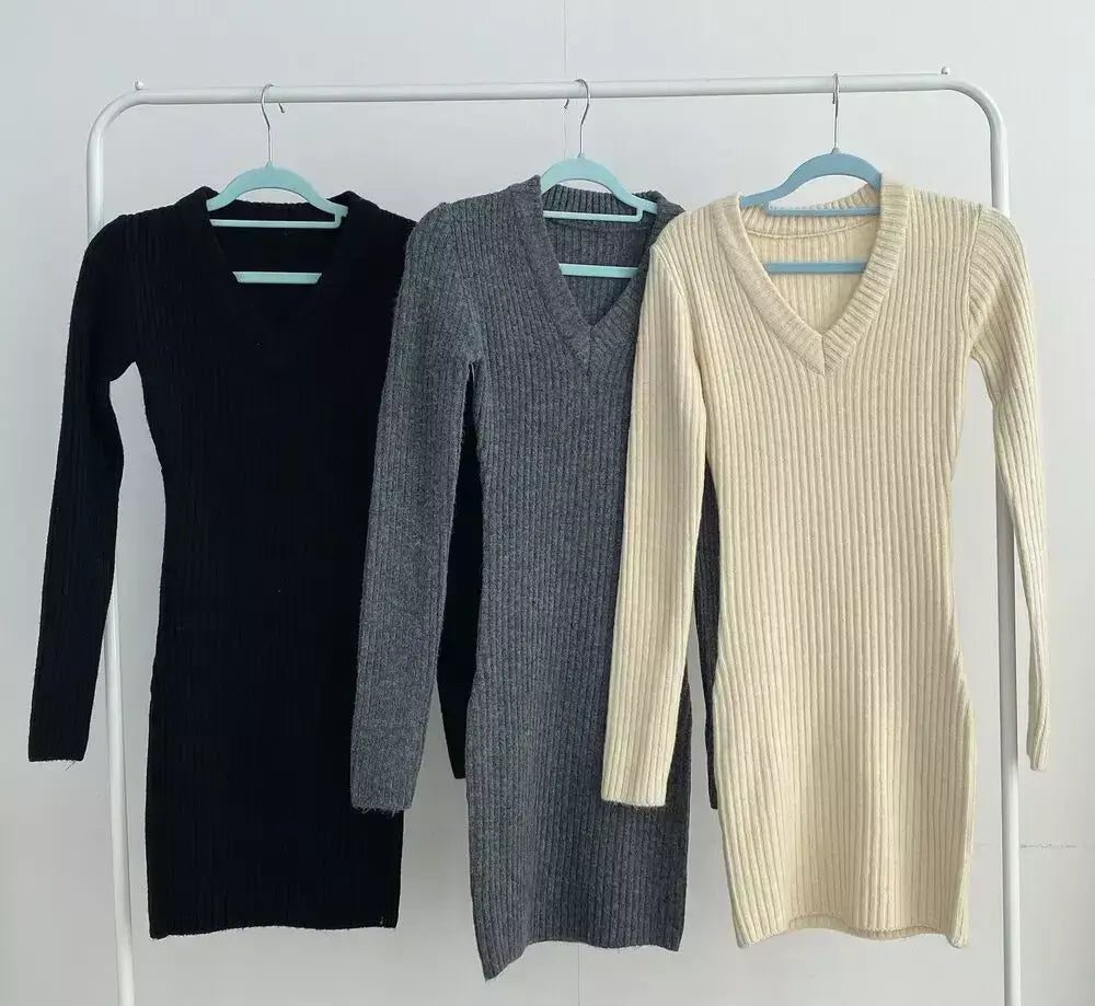 Vestidos para mulheres nova manga longa com decote em v magro vestido feminino pacote de malha hip vestido feminino vestidos de verano mujer 2025 q1082
