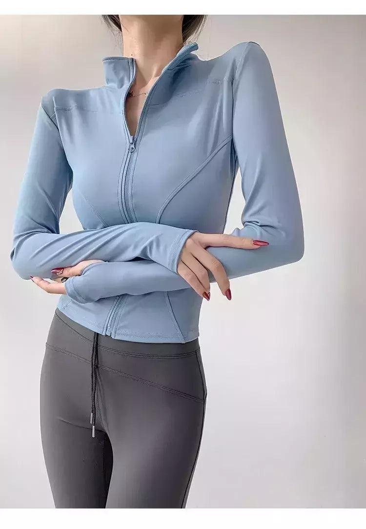 Casaco esportivo de secagem rápida para mulheres, tops apertados, manga comprida, zíper, jaqueta de ioga, corrida e fitness, proteção solar, S-3XL, 2024