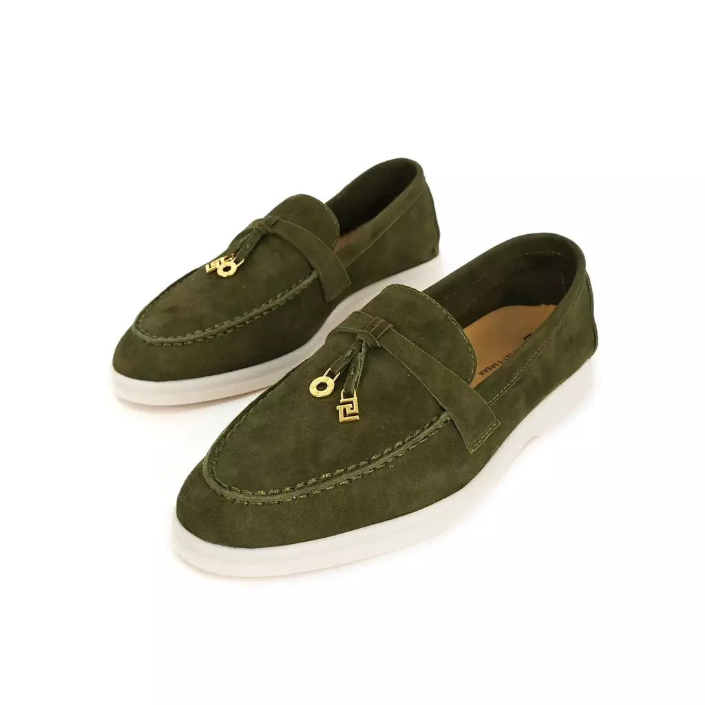 Sapatos de mula de camurça antiderrapante para mulheres, sapatos para dirigir, pingente de metal, marca de luxo, moda casual confortável, Le Fu