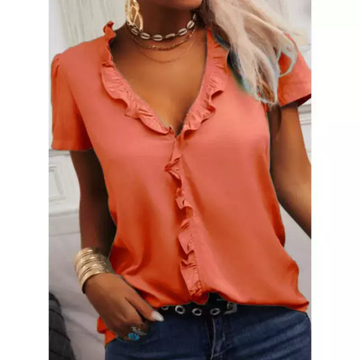 Camisa solta azul clara para mulheres, camisa babada monocromática, blusa de manga curta, pulôver elegante, blusa senhora do escritório, verão 2022