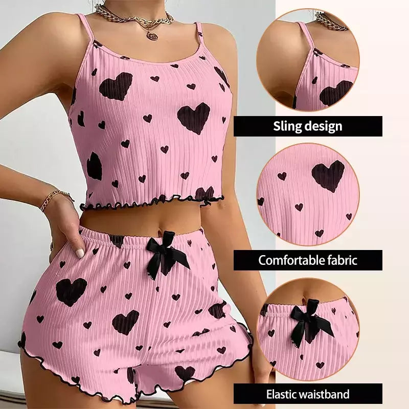 Ice Silk Suspender Pijama Conjunto com decoração em forma de coração impresso para senhoras, verão 2 peças