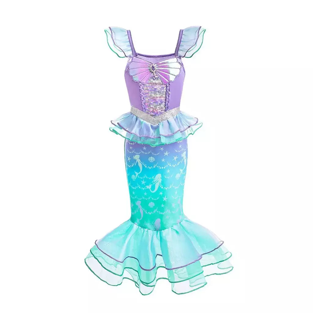 Meninas roxo-azul sereia ariel cosplay vestido de halloween vestido de festa de aniversário meninas praia vestido de férias