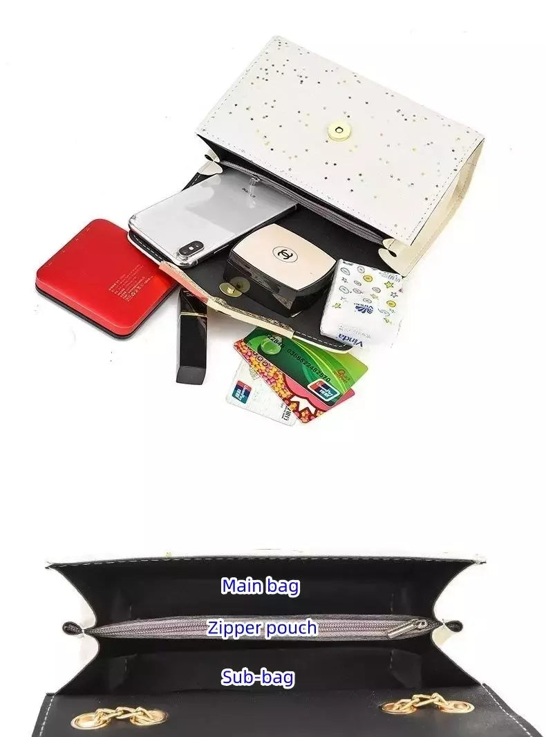 Lantejoula embelezada PU poliéster bolsa crossbody para senhoras, bolsa de ombro pequena, pingente cruz quadrada borla, moda na moda