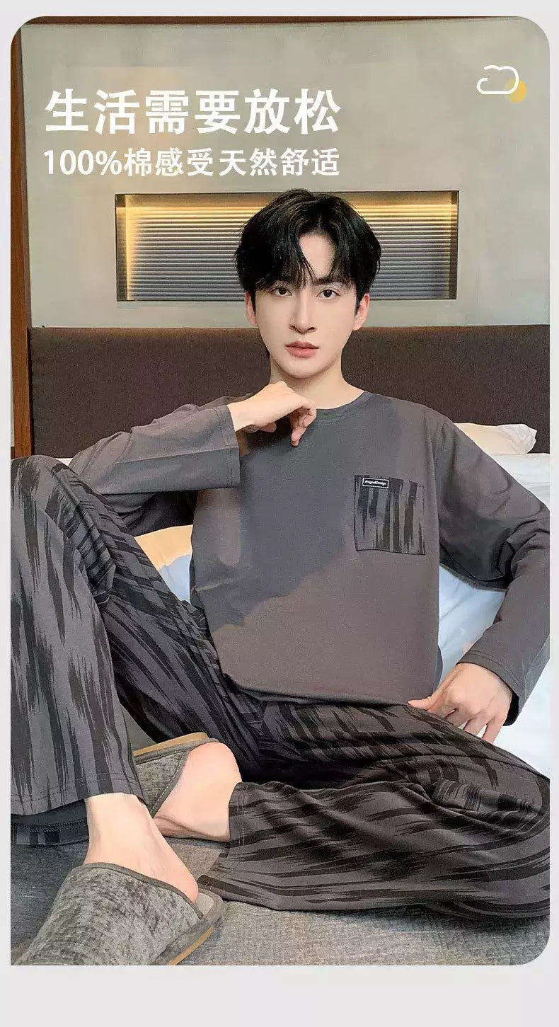 Pijama de algodão de duas peças masculino, calça de manga comprida, traje caseiro, estudante e adolescente, novo outono