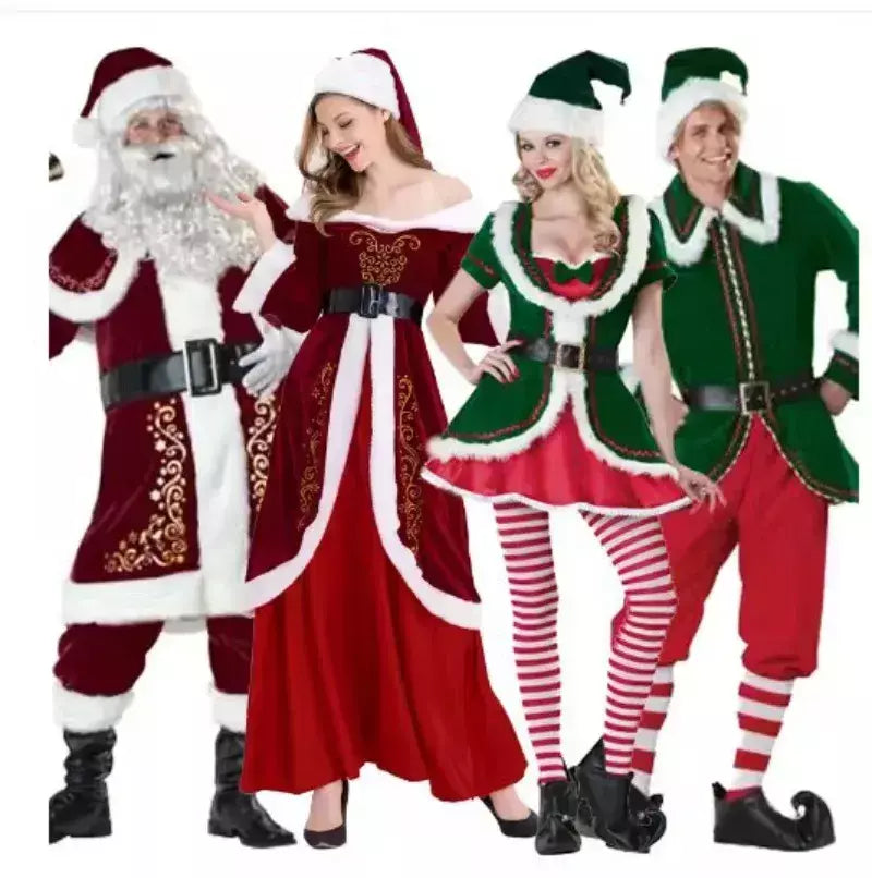 Traje de papai noel feminino masculino vestido de elfo de natal unissex roupa de festa adulto terno de natal desempenho de palco festivo role play wear