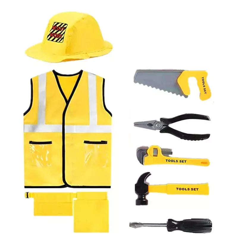 Traje de colete de trabalhador de construção infantil, conjunto de jogo de 5 peças de trabalhador, colete reflexivo amarelo com ferramentas, vestido de festa