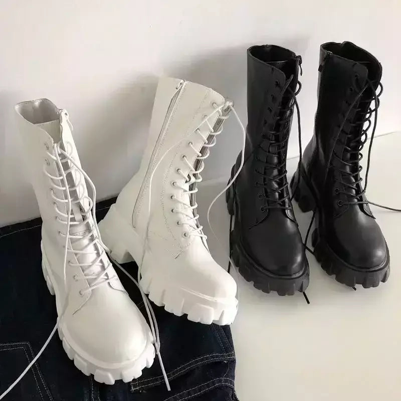 Botas de zíper com cadarço para mulheres, salto de plataforma esportiva, sapatos femininos, outono, inverno, moda, novo, 2024