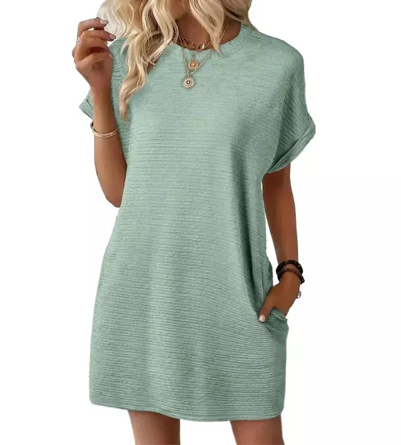 2026 robe femmes soiree manga curta em torno do pescoço mini vestido de cor sólida das mulheres bolso novo solto escritório deslocamento versátil vestido