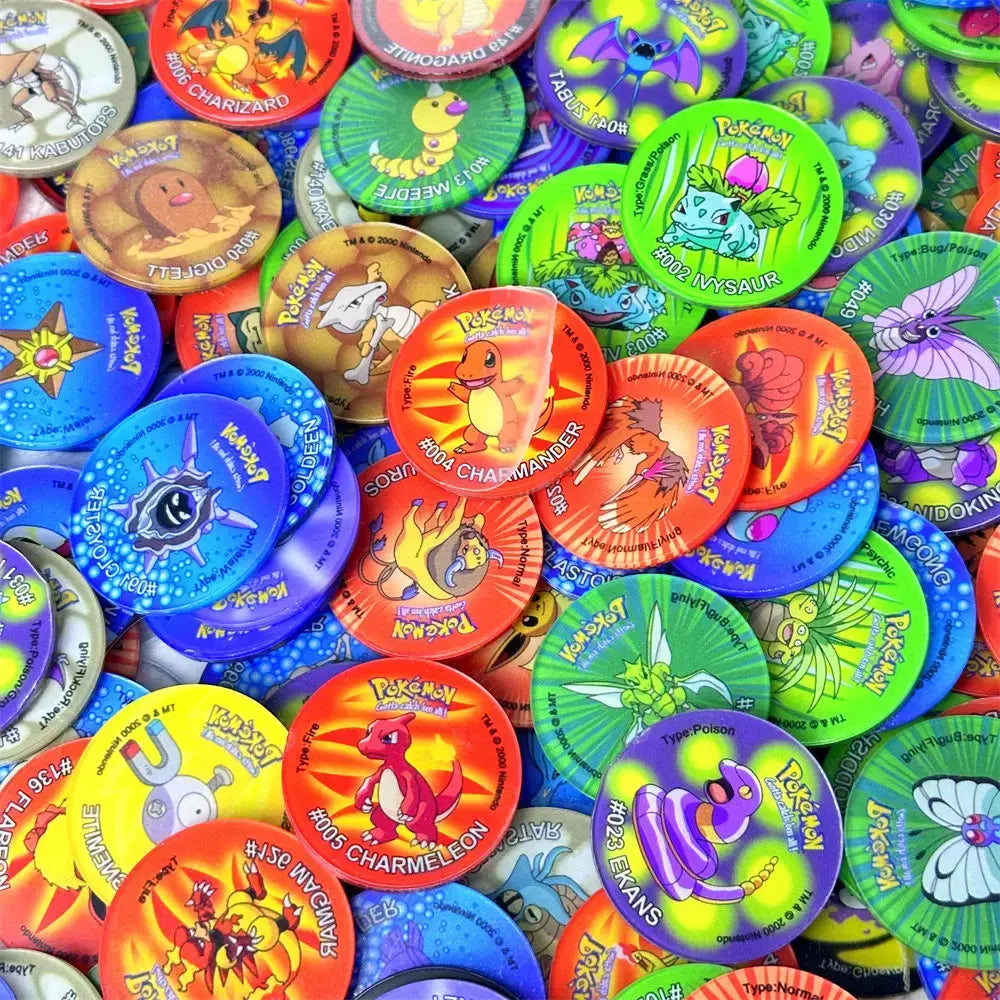 Material acrílico tazos pokemon 1a edição ash ketchum starter pokemon torneiras coleção cartão acrílico pikachu trainer redondo pogs