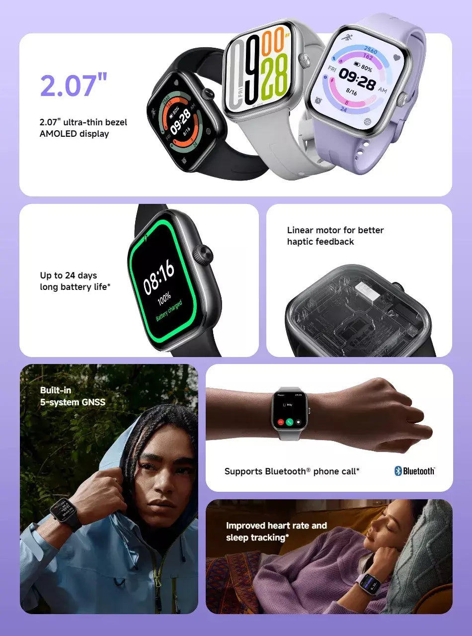 Xiaomi redmi watch 5 versão global 2.07 "60hz tela amoled embutida gnss bluetooth chamada mais de 150 modos esportivos 24 dias de vida útil da bateria