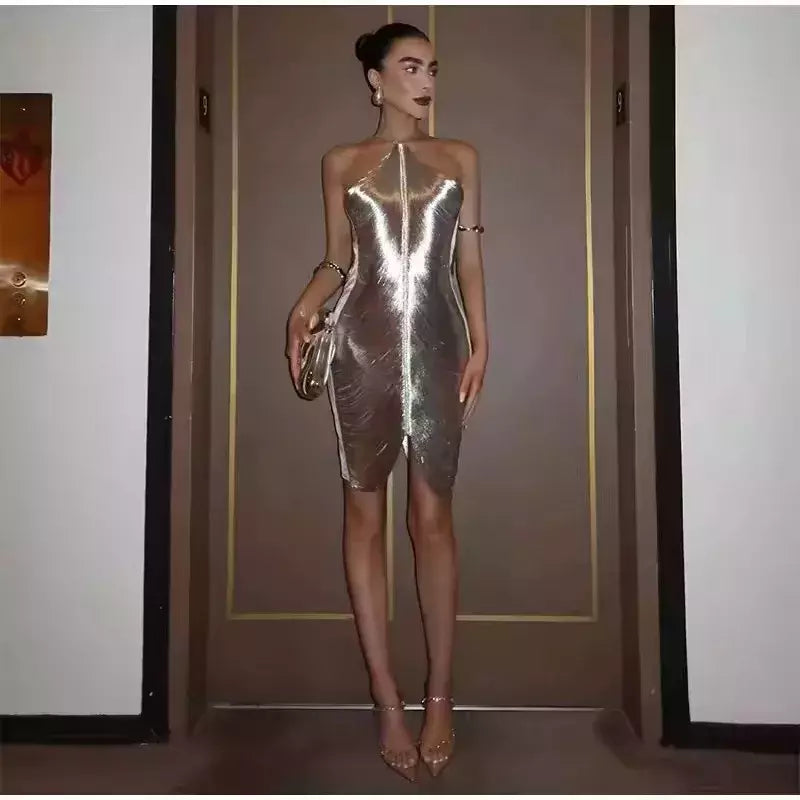 Mini vestido com decote em v para mulheres, Halterneck, Cortar o vestido curto, Decoração assimétrica com borla, Vestidos Patchwork, Moda elegante
