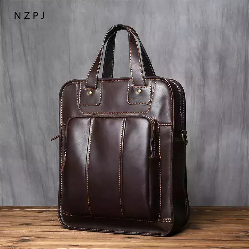 Maleta de couro retrô para homens, couro natural, bolsa vertical, bolsa de ombro casual, mochila masculina, adequada para laptop de 15 ", NZPJ