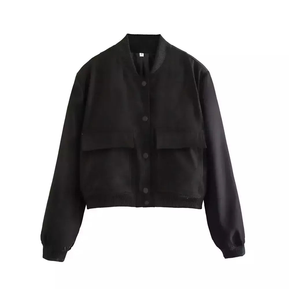 Jaqueta Bomber Cropped feminina, Casaco de manga comprida, Beisebol de botões, Casaco Aviador, Preto, Branco, Outono, Inverno