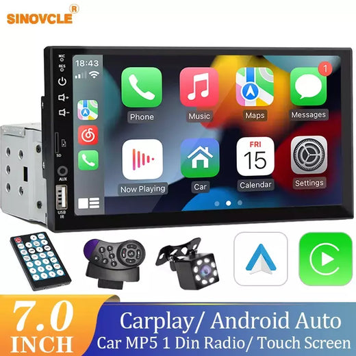 Carro Multimedia Player com Android Auto Carplay, HD Touch Screen, FM, Entrada AUX, Bluetooth, MirrorLink, Autoradio, 1 Din, 7 em